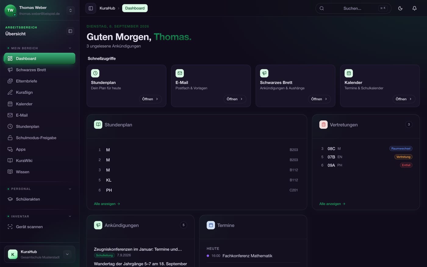 Dashboard mit ungelesenen Ankündigungen, heutigem Stundenplan und drei Vertretungen