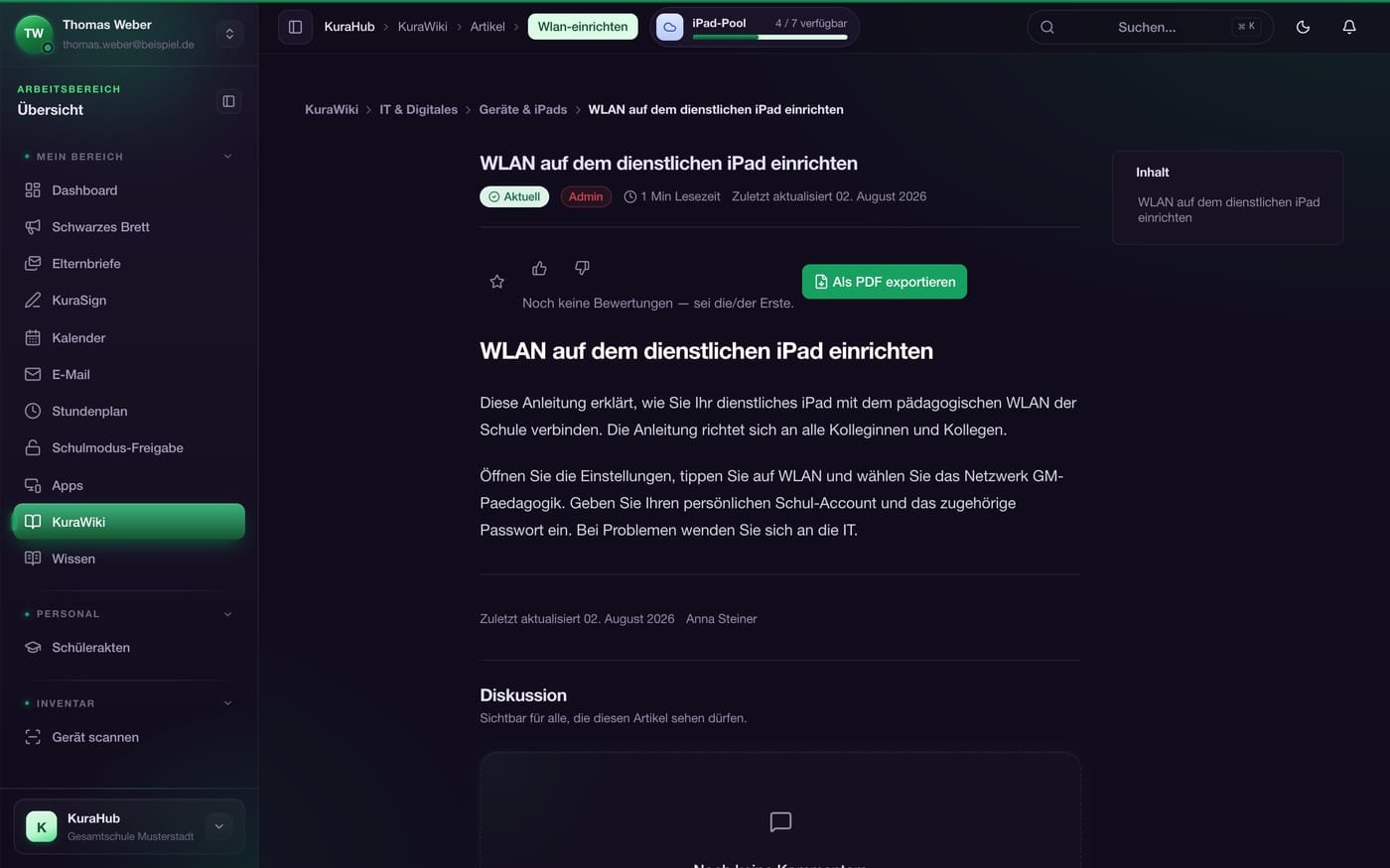 KuraWiki-Artikel mit Status „Aktuell“, Lesezeit, Aktualisierungsdatum und PDF-Export