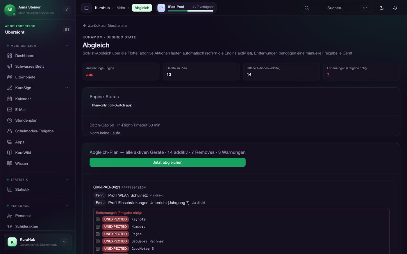 Desired-State-Abgleich mit Engine-Status, Änderungsplan und Soll-Ist-Differenzen je Gerät